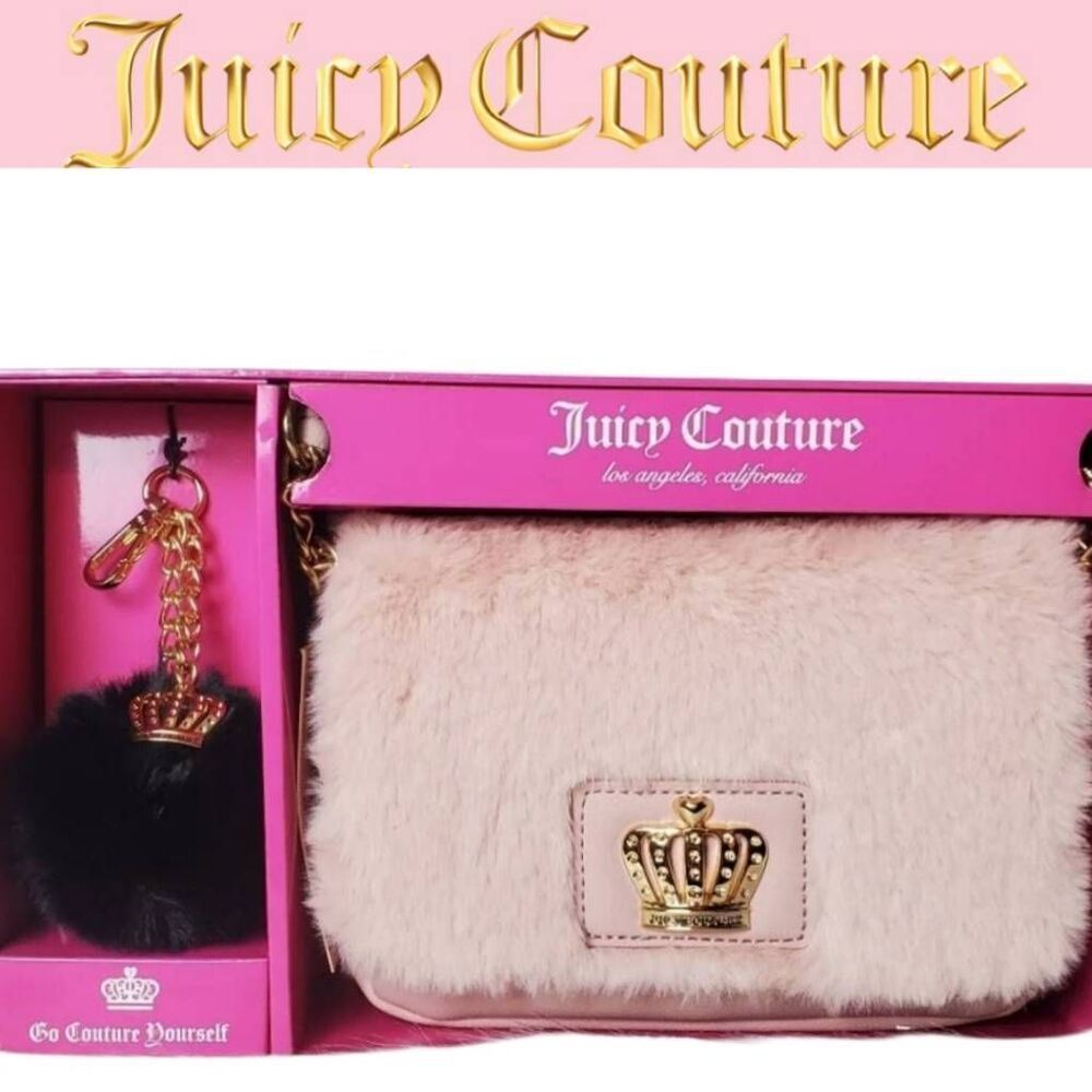 Juicy Couture Faux Fur Chain Strap Crown Logo Crossbody Bag & Pom Keychain Set